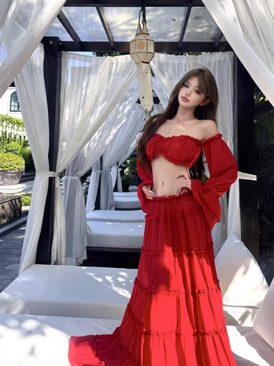 Scarlet Ruffle Off-Shoulder Tiered Maxi Set by Exclusives, red crop top and tiered maxi skirt, combo outfit set on sale