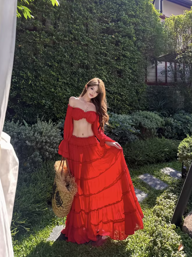 Scarlet Ruffle Off-Shoulder Tiered Maxi Set by Exclusives, red two-piece set on sale.