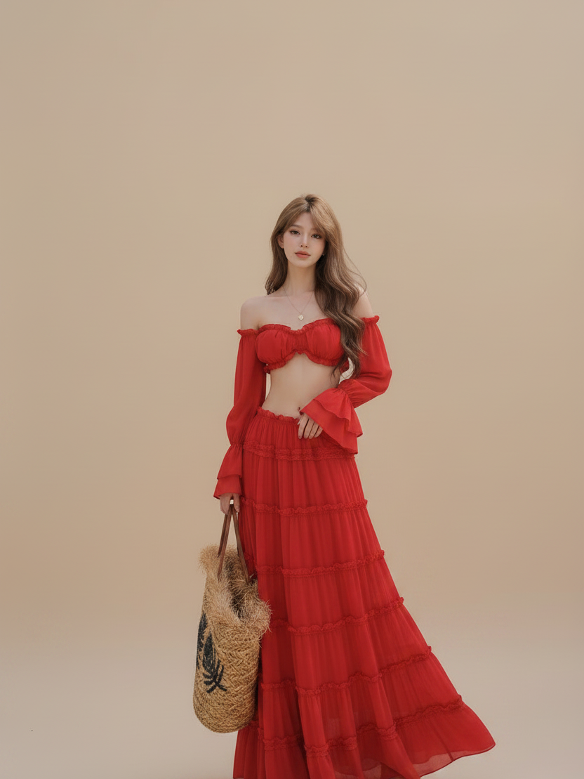 Scarlet ruffle off-shoulder tiered maxi set by Exclusives; red combo outfit with long sleeves and straw tote