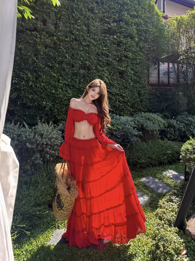 Scarlet Ruffle Off-Shoulder Tiered Maxi Set by Exclusives, red two-piece set on sale.
