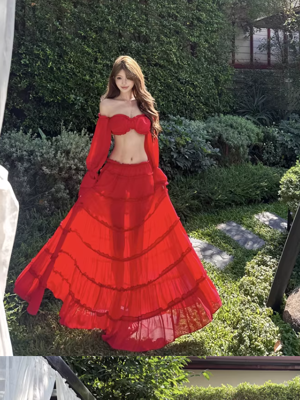 Scarlet Ruffle Off-Shoulder Tiered Maxi Set by Exclusives, red two-piece outfit with crop top and tiered skirt