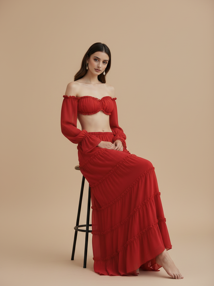 Scarlet Ruffle Off-Shoulder Tiered Maxi Set by Exclusives; red two-piece outfit with top and tiered skirt, on sale