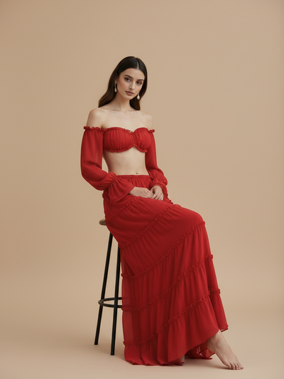 Scarlet Ruffle Off-Shoulder Tiered Maxi Set by Exclusives; red two-piece outfit with top and tiered skirt, on sale