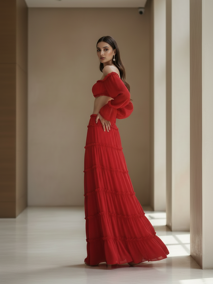 Scarlet Ruffle Off-Shoulder Tiered Maxi Set by Exclusives; red combo outfit on sale.
