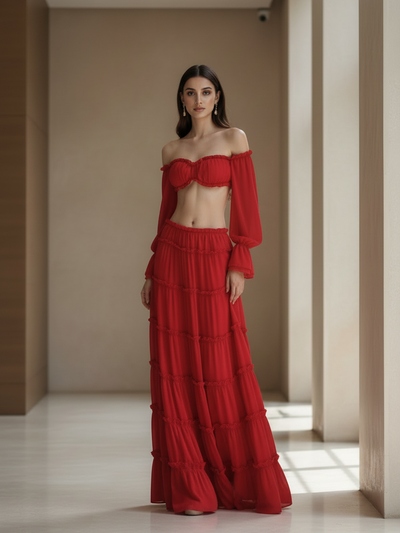 Scarlet Ruffle Off-Shoulder Tiered Maxi Set, red two-piece outfit by Exclusives