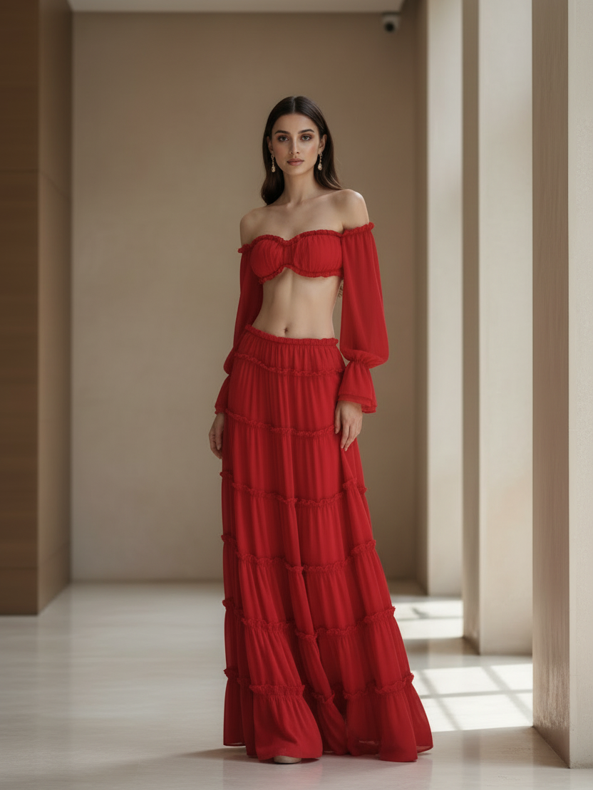 Scarlet Ruffle Off-Shoulder Tiered Maxi Set, red two-piece outfit by Exclusives