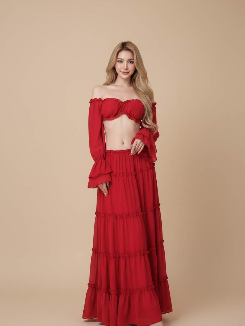 Scarlet Ruffle Off-Shoulder Tiered Maxi Set by Exclusives; red off-shoulder top with long sleeves and tiered maxi skirt