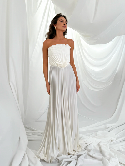 High Slit Strapless Shell Pleated Backless Maxi Dress in white