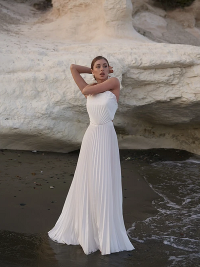 Exclusives white strapless pleated backless gown maxi dress with high slit