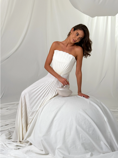 High Slit Strapless Shell Pleated Backless Maxi Dress by Exclusives, white gown