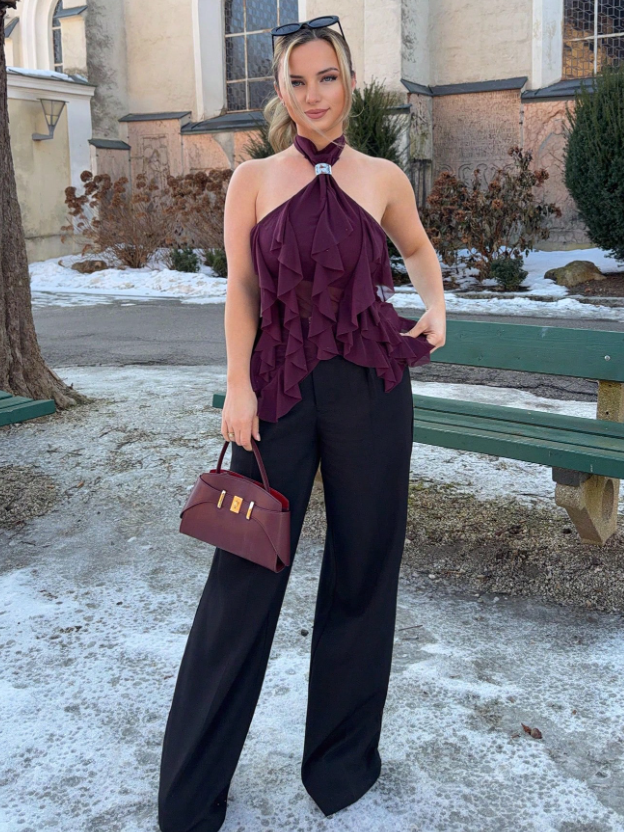 Ruffle Cascade Halter Top burgundy blouse with cascading ruffles