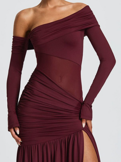 Exclusives One-Shoulder Mesh Panel Maxi Dress in burgundy with ruched detailing and high slit