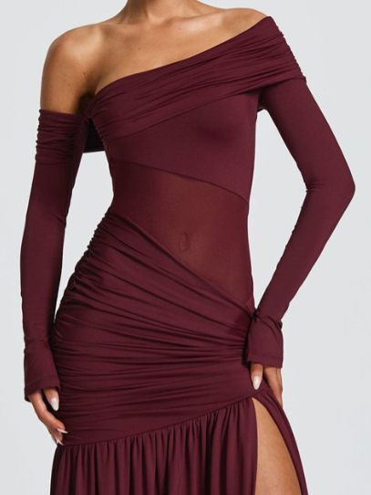 Exclusives One-Shoulder Mesh Panel Maxi Dress in burgundy with ruched detailing and high slit
