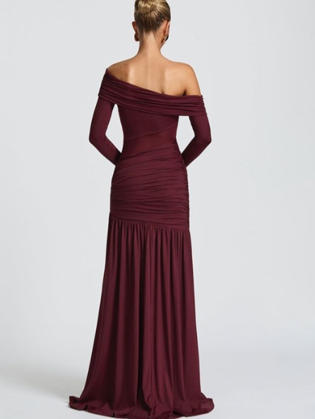 Exclusives burgundy one-shoulder mesh-panel maxi dress, long sleeves, ruched bodice, floor-length.