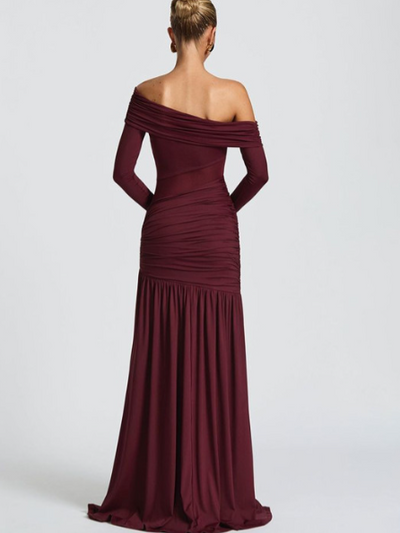 Exclusives burgundy one-shoulder mesh-panel maxi dress, long sleeves, ruched bodice, floor-length.