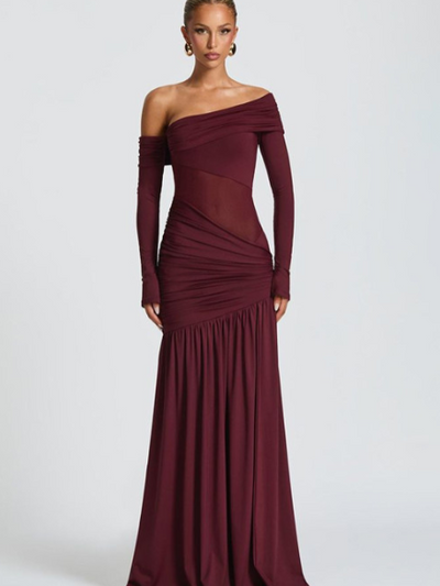 One-Shoulder Mesh Panel High-Slit Maxi Dress by Exclusives in burgundy with long sleeves