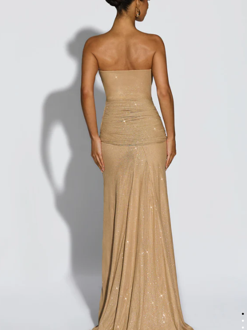 Strapless Glitter Drape Maxi Gown in champagne gold; ruched bodice, floor-length sequin skirt