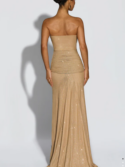 Strapless Glitter Drape Maxi Gown in champagne gold; ruched bodice, floor-length sequin skirt