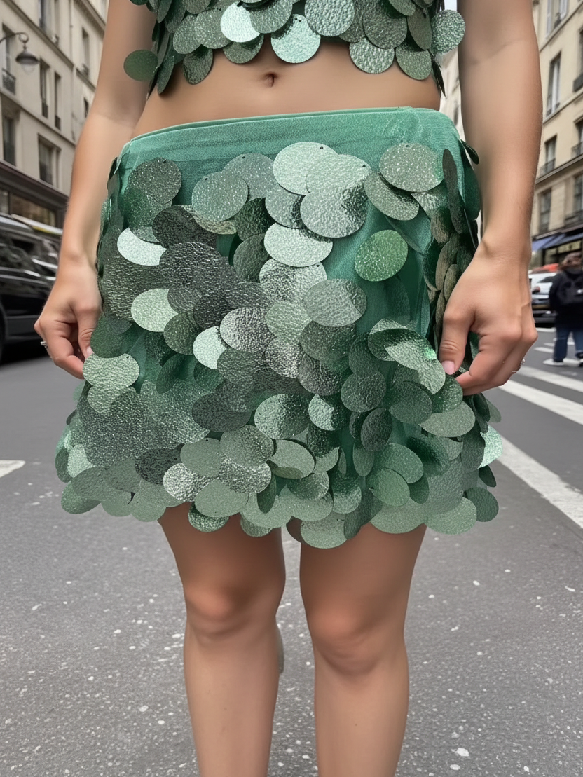 Coin Shell Mini Skirt by Exclusives, emerald green sequin discs on sale