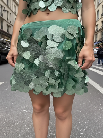 Coin Shell Mini Skirt by Exclusives, emerald green sequin discs on sale