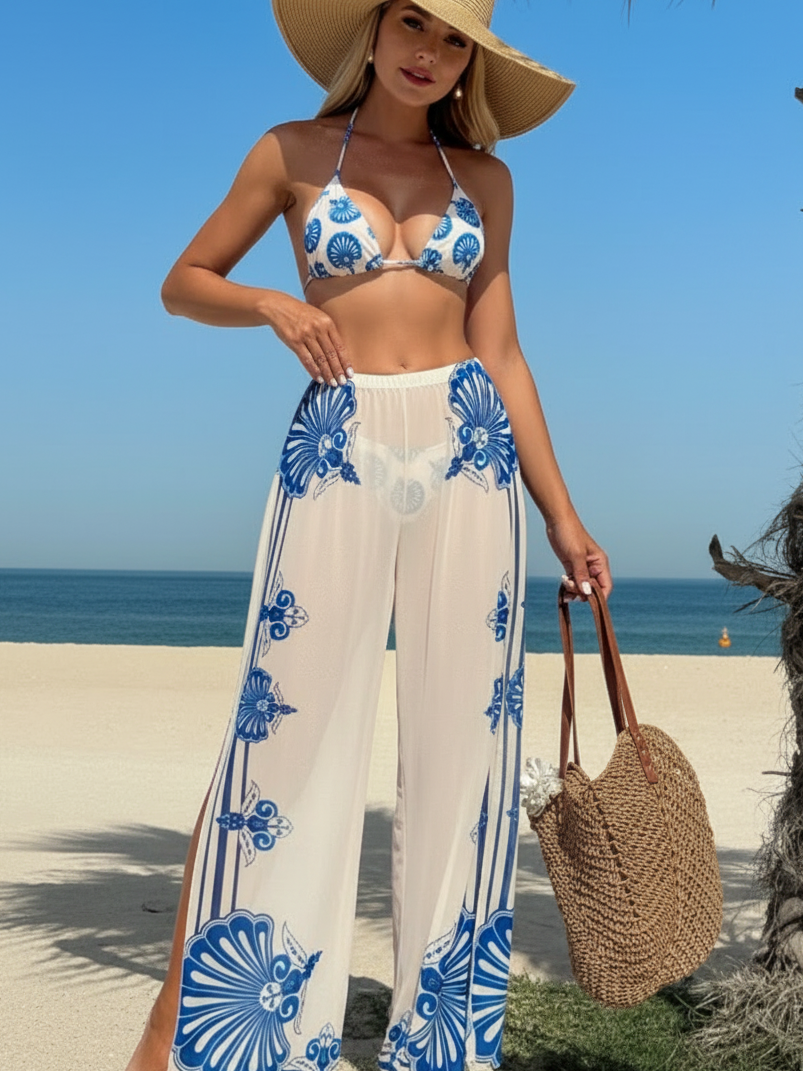 Santorini Seashell 3-Piece Bikini & Wide-Leg Pants Set