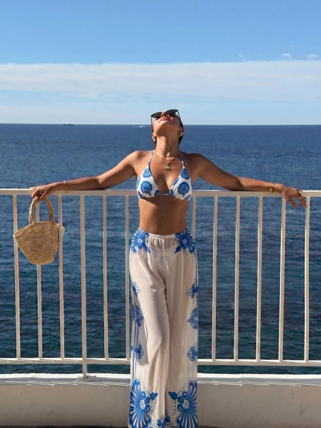 Santorini Seashell 3-Piece Bikini & Wide-Leg Pants Set