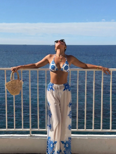 Santorini Seashell 3-Piece Bikini & Wide-Leg Pants Set