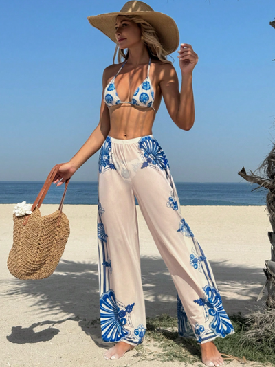 Santorini Seashell 3-Piece Bikini & Wide-Leg Pants Set, Exclusives, blue floral print on white, beach-ready with straw hat