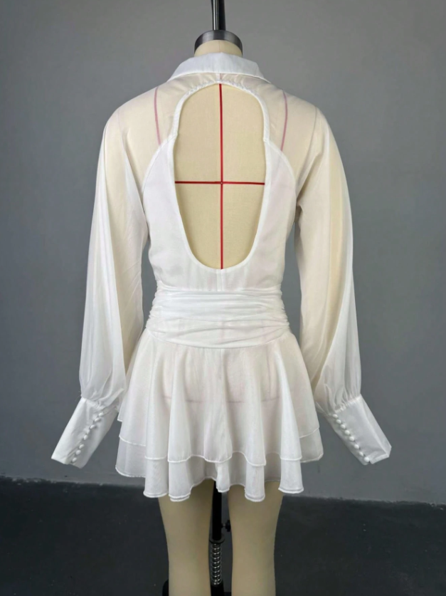 Glow Ruffle Sleeve Tail Shorts Coord Set, white with sheer long sleeves, open-back cutout and layered ruffle mini skirt.