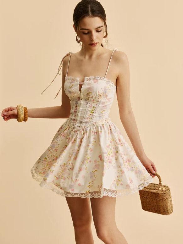 Lace Tied Spaghetti Strap Deep Neck Corset Short Dress