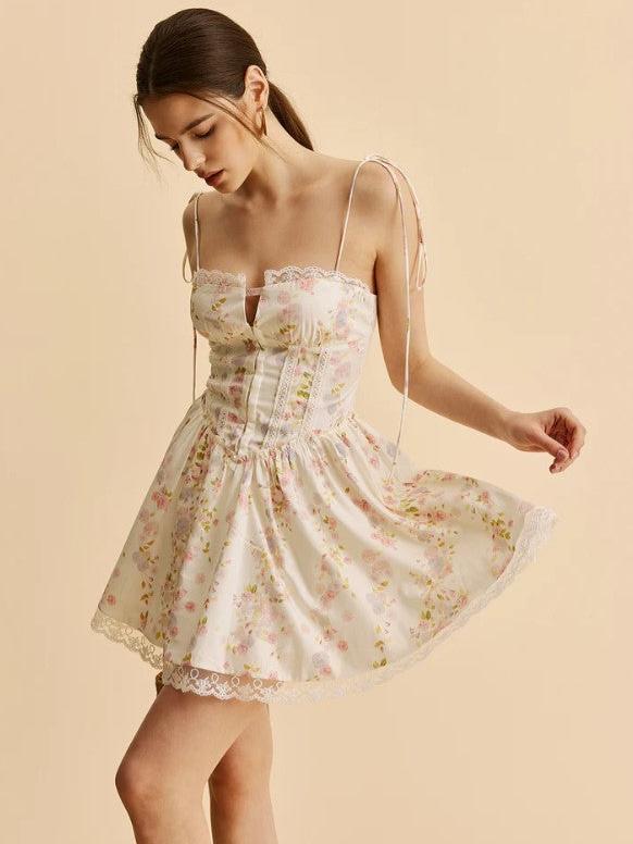 Lace Tied Spaghetti Strap Deep Neck Corset Short Dress