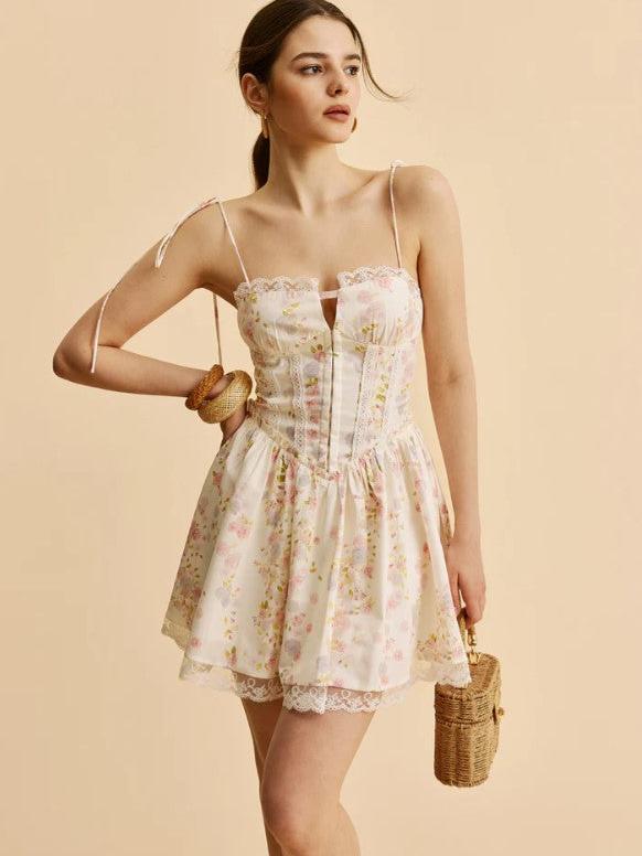 Lace Tied Spaghetti Strap Deep Neck Corset Short Dress