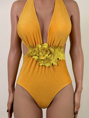 Halterneck Flower Applique Cutout Swimsuit & Skirt Coord Set