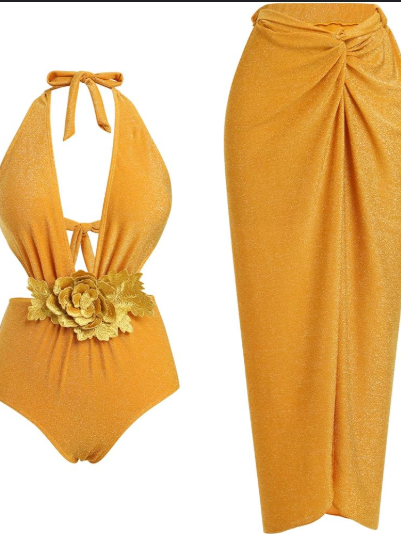Halterneck Flower Applique Cutout Swimsuit & Skirt Coord Set