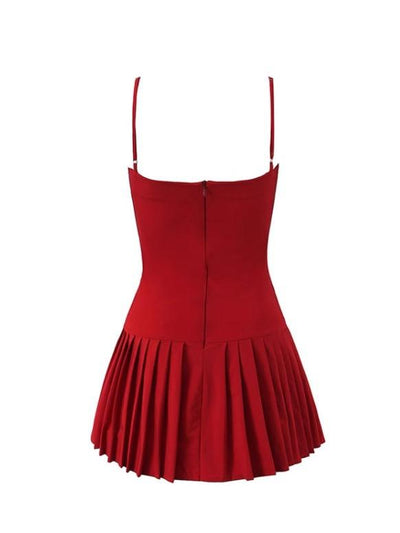 Red Short Pleated Flare Dress