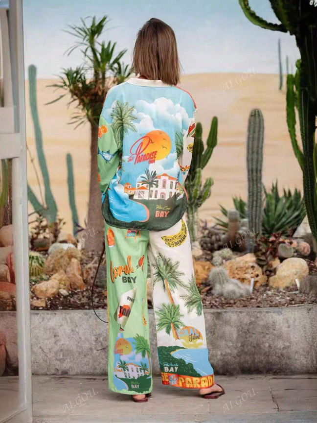 Summer Paradise Beach Print Shirt & Pants Coord Set
