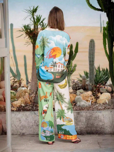 Summer Paradise Beach Print Shirt & Pants Coord Set
