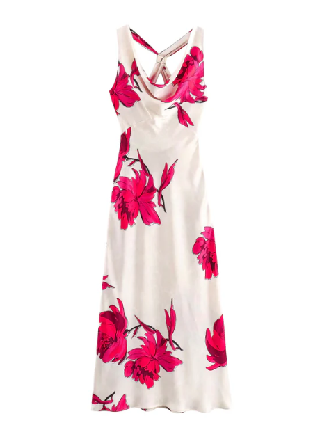 Floral Print Cowl Neck Backless Maxi Dress