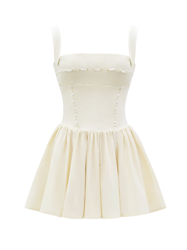 Square Neck Short Embroidered Flare Dress