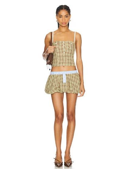 Gingham Print Corset Pocket Top & Skort Skirt Coord Set