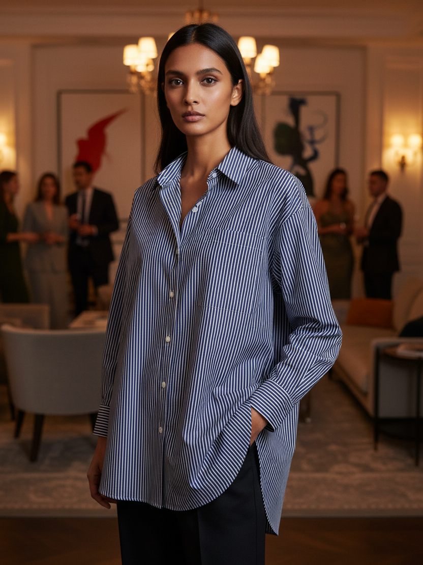 EXCLUSIVES cotton long-sleeve shirt in blue and white vertical stripes