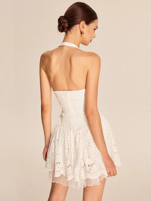 White Halterneck Eyelet Chikan Short Flare Dress
