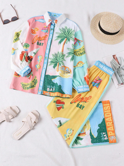 Summer Paradise Beach Print Shirt & Pants Coord Set