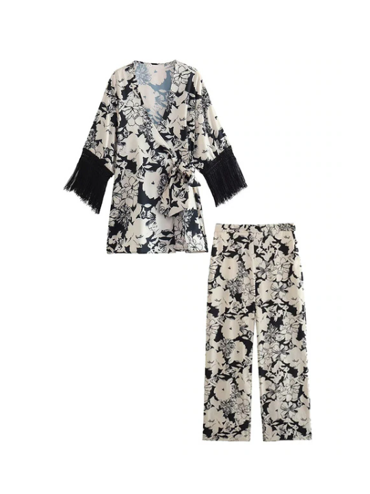 Tassel Sleeves Kimono Knotted Top & Wide Leg Pants Coord Set