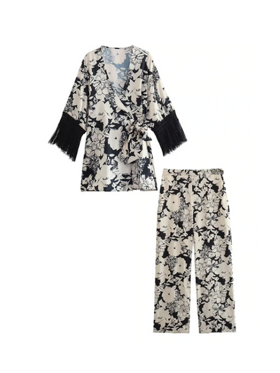Tassel Sleeves Kimono Knotted Top & Wide Leg Pants Coord Set
