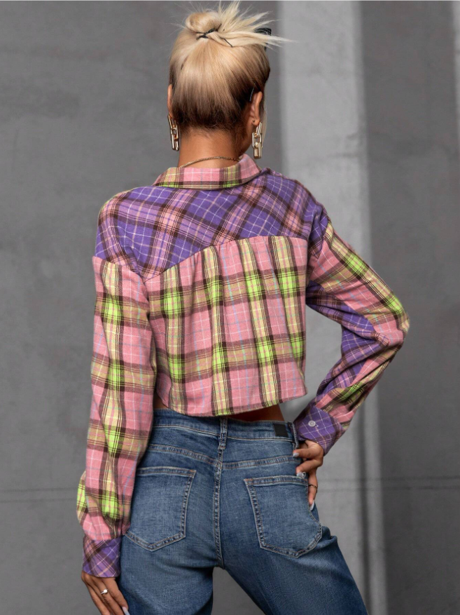 Plaid Print Drop Shoulder Crop Shirt