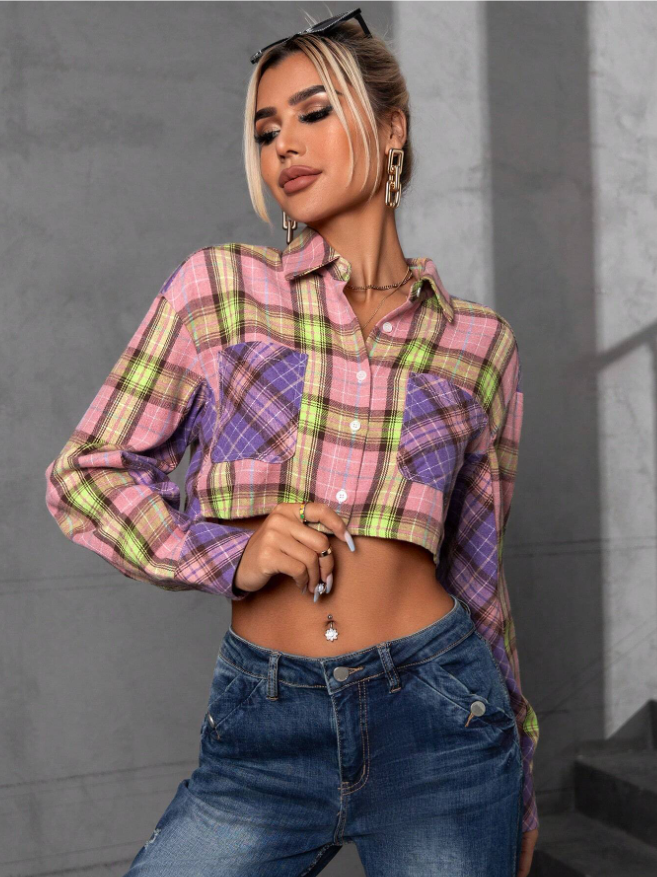 Plaid Print Drop Shoulder Crop Shirt