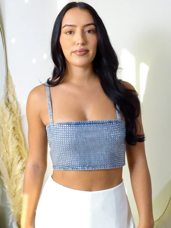 Spaghetti Strap Rhinestone Studded Denim Crop Top