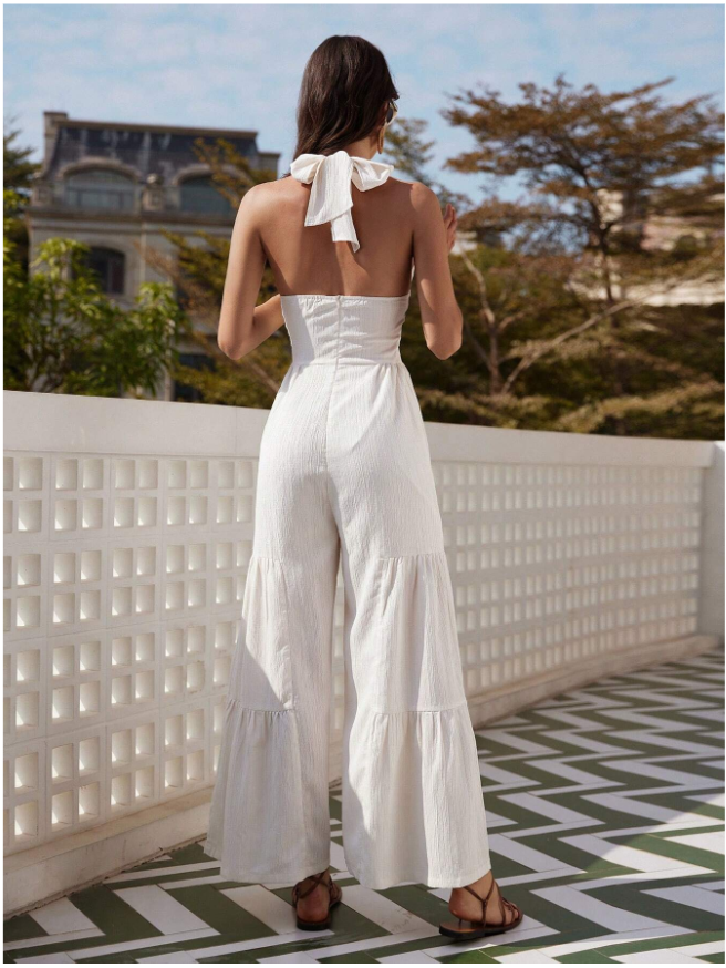 Wide Leg Backless Halterneck Knotted Jumpsuit