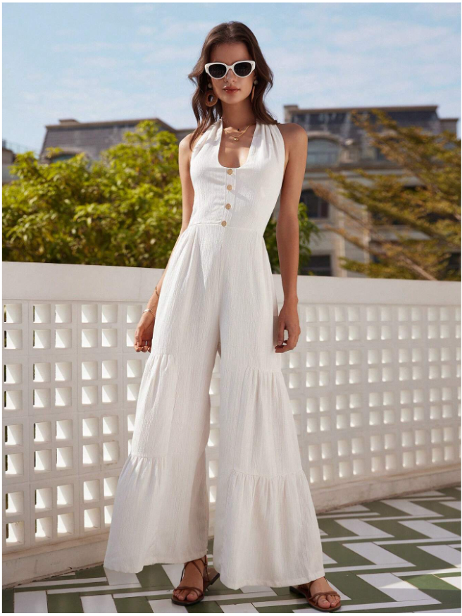 Wide Leg Backless Halterneck Knotted Jumpsuit